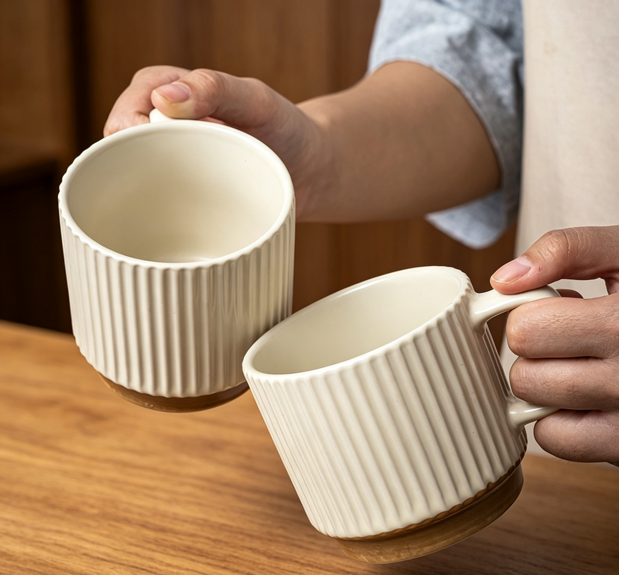 Morandi Cream Rib Thickened Ceramic Mug, Large Capacity Office Oat Milk & Afternoon Tea Cup