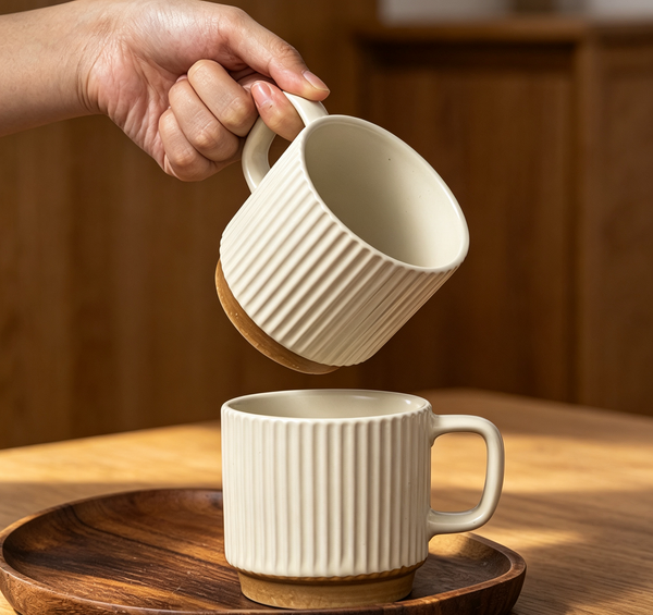 Morandi Cream Rib Thickened Ceramic Mug, Large Capacity Office Oat Milk & Afternoon Tea Cup