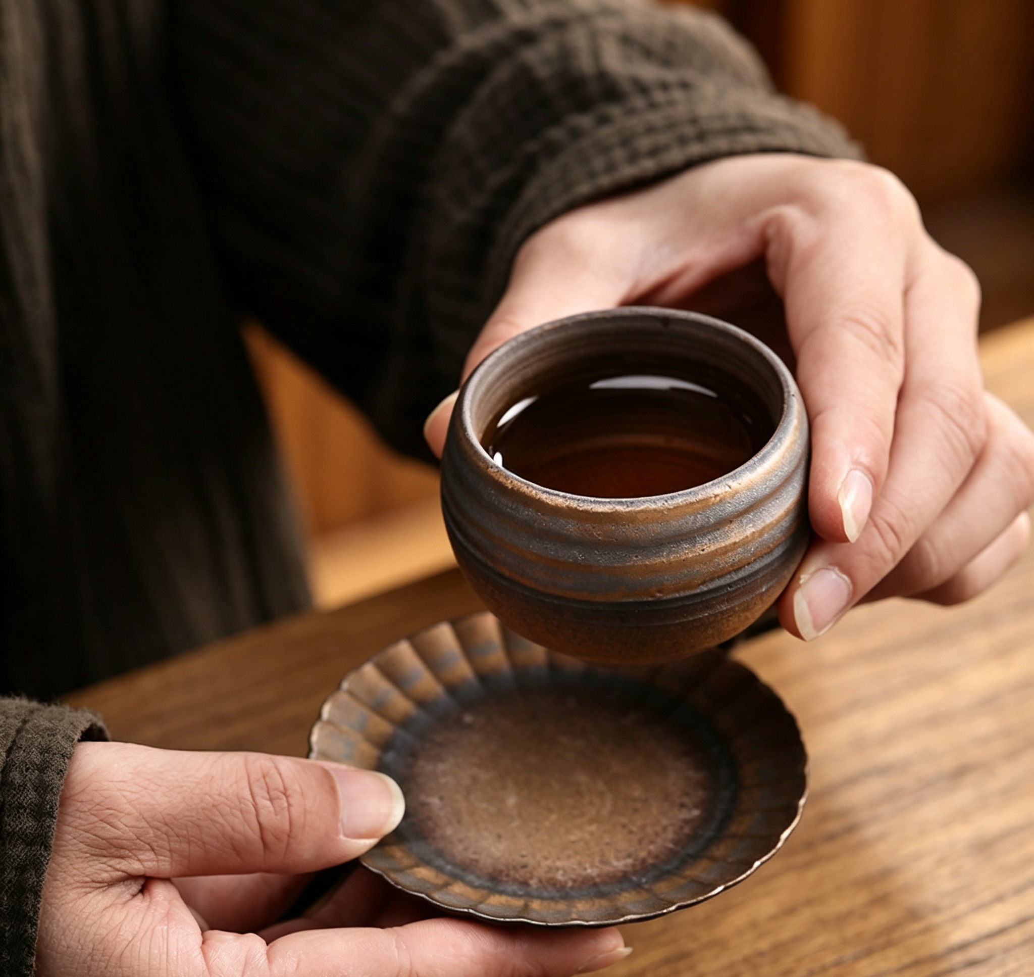 Handmade Stoneware Ribbed Gold Glaze Tea Bowl Cup