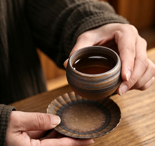 Handmade Stoneware Ribbed Gold Glaze Tea Bowl Cup