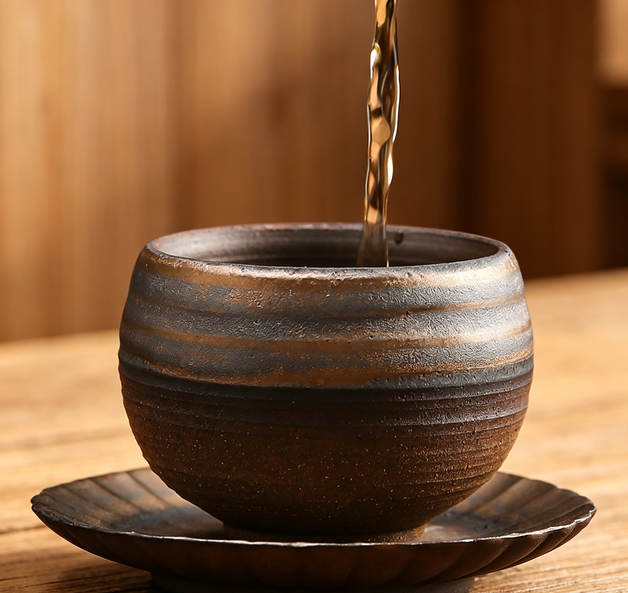 Handmade Stoneware Ribbed Gold Glaze Tea Bowl Cup