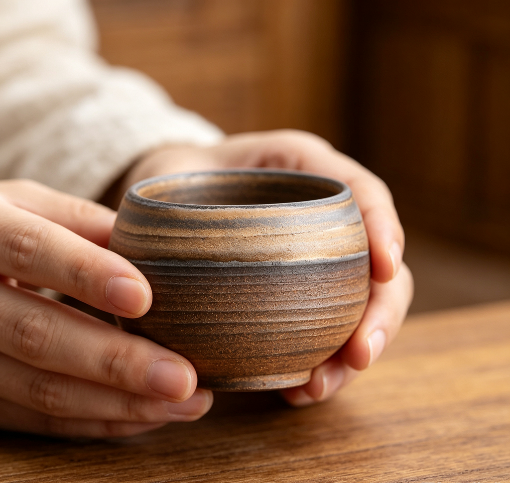 Handmade Stoneware Ribbed Gold Glaze Tea Bowl Cup