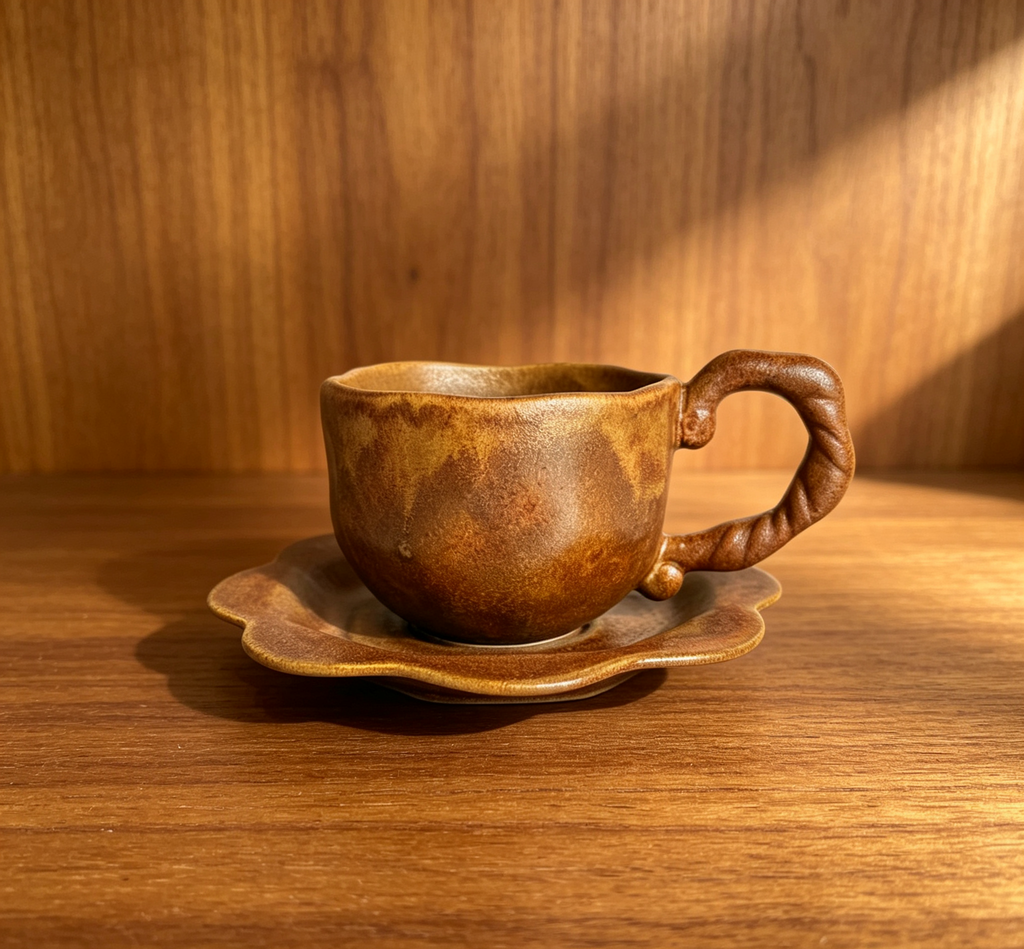 Japanese Wood-Fired Flowing Glaze Irregular Ceramic Coffee Set, Artisan Distorted Handle, Atmospheric Tableware for Specialty Cafés