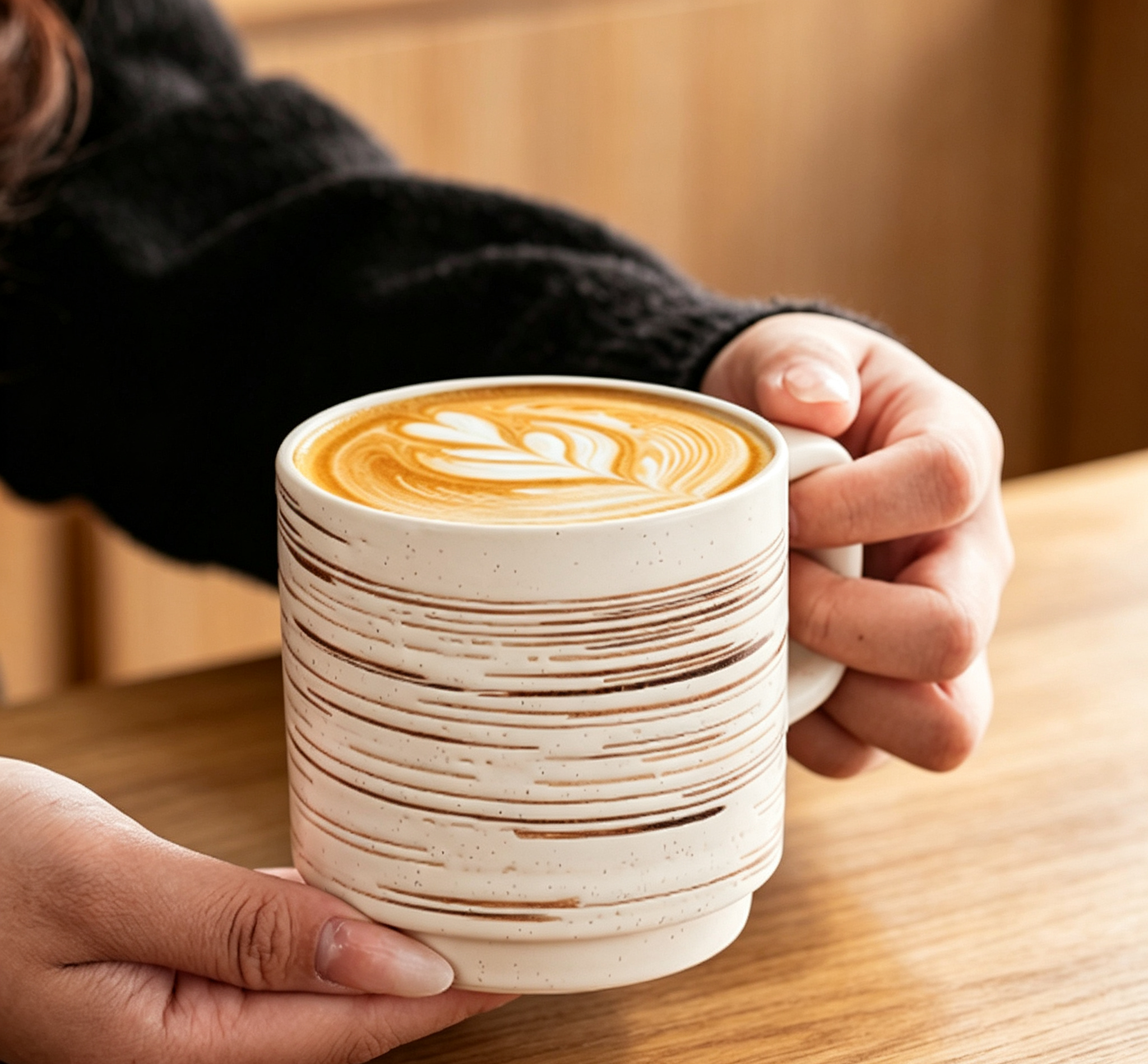 Wabi-Sabi Retro Grooved Textured Ceramic Cup, Professional Latte Art Mug for Specialty Cafés & Home Tea