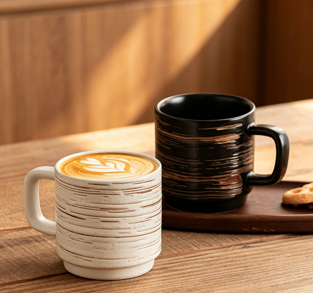 Wabi-Sabi Retro Grooved Textured Ceramic Cup, Professional Latte Art Mug for Specialty Cafés & Home Tea