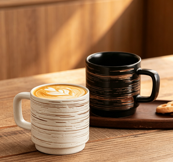 Wabi-Sabi Retro Grooved Textured Ceramic Cup, Professional Latte Art Mug for Specialty Cafés & Home Tea