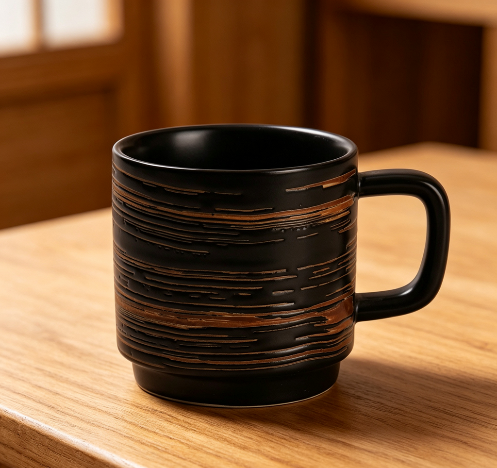 Wabi-Sabi Retro Grooved Textured Ceramic Cup, Professional Latte Art Mug for Specialty Cafés & Home Tea