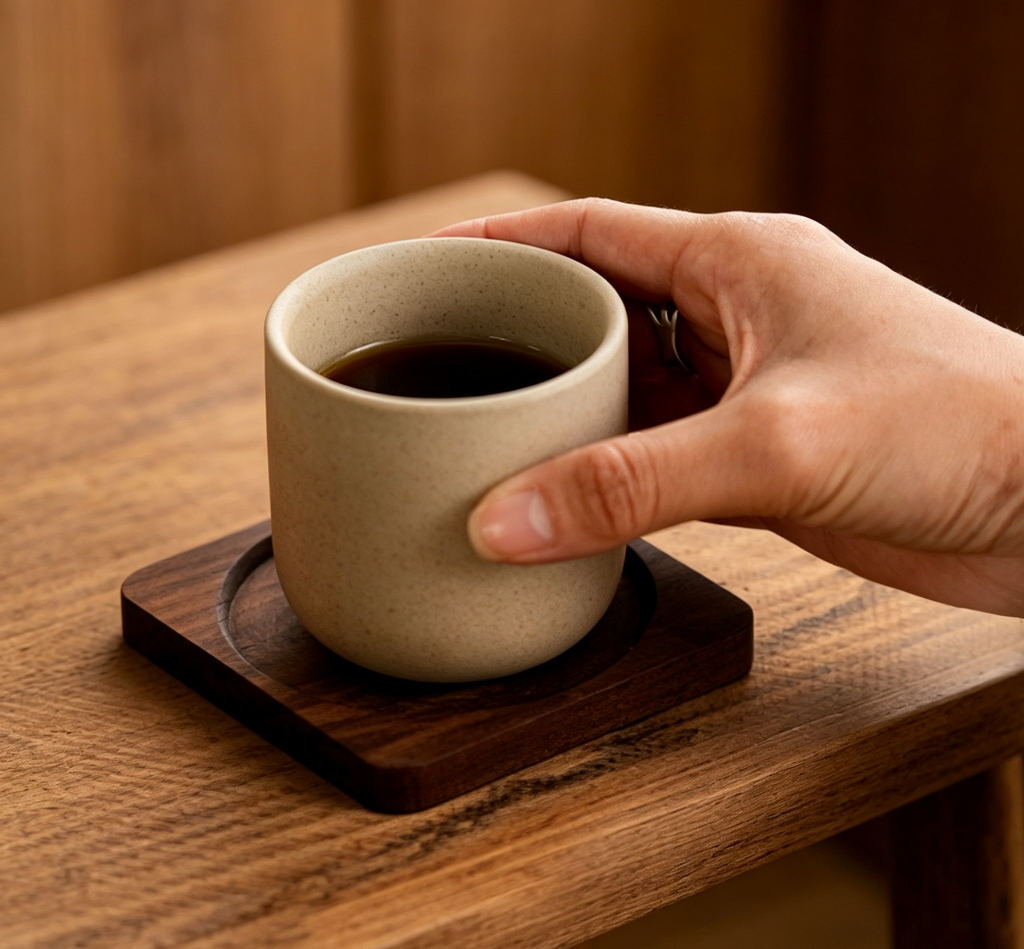 Stoneware Tea Cup With Solid Wood Ball Handle