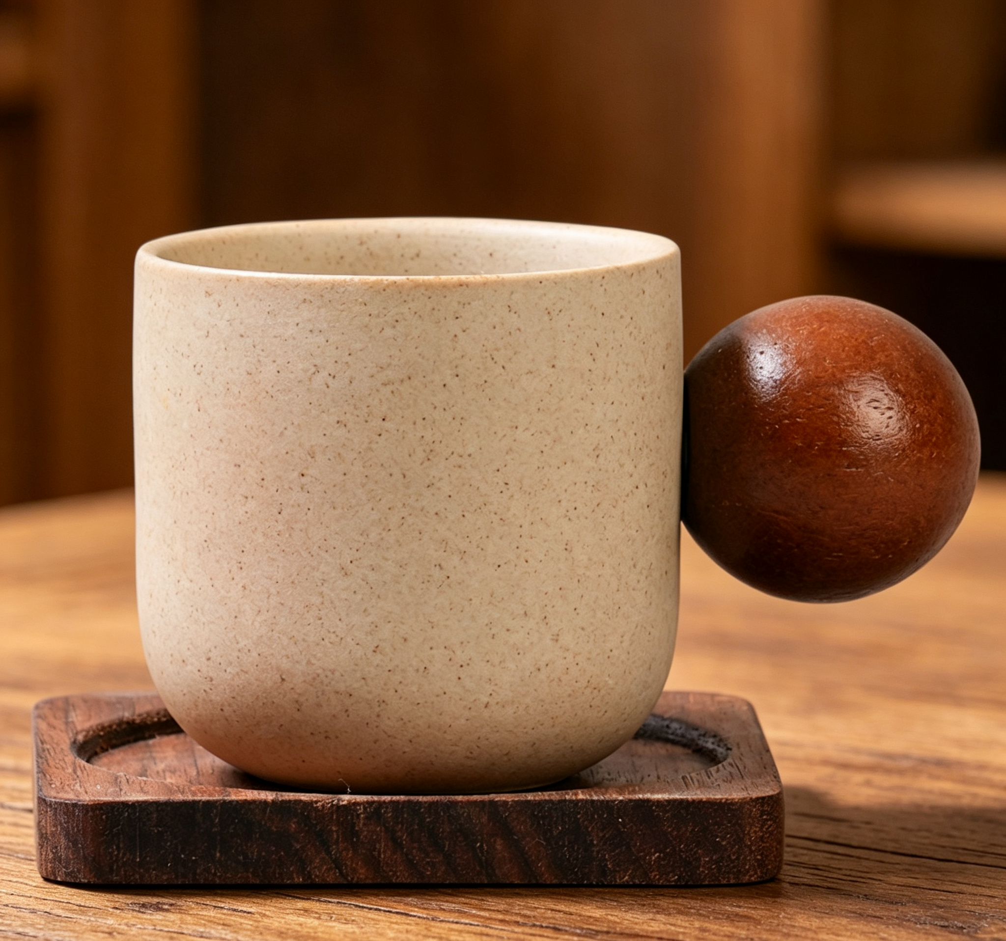 Stoneware Tea Cup With Solid Wood Ball Handle