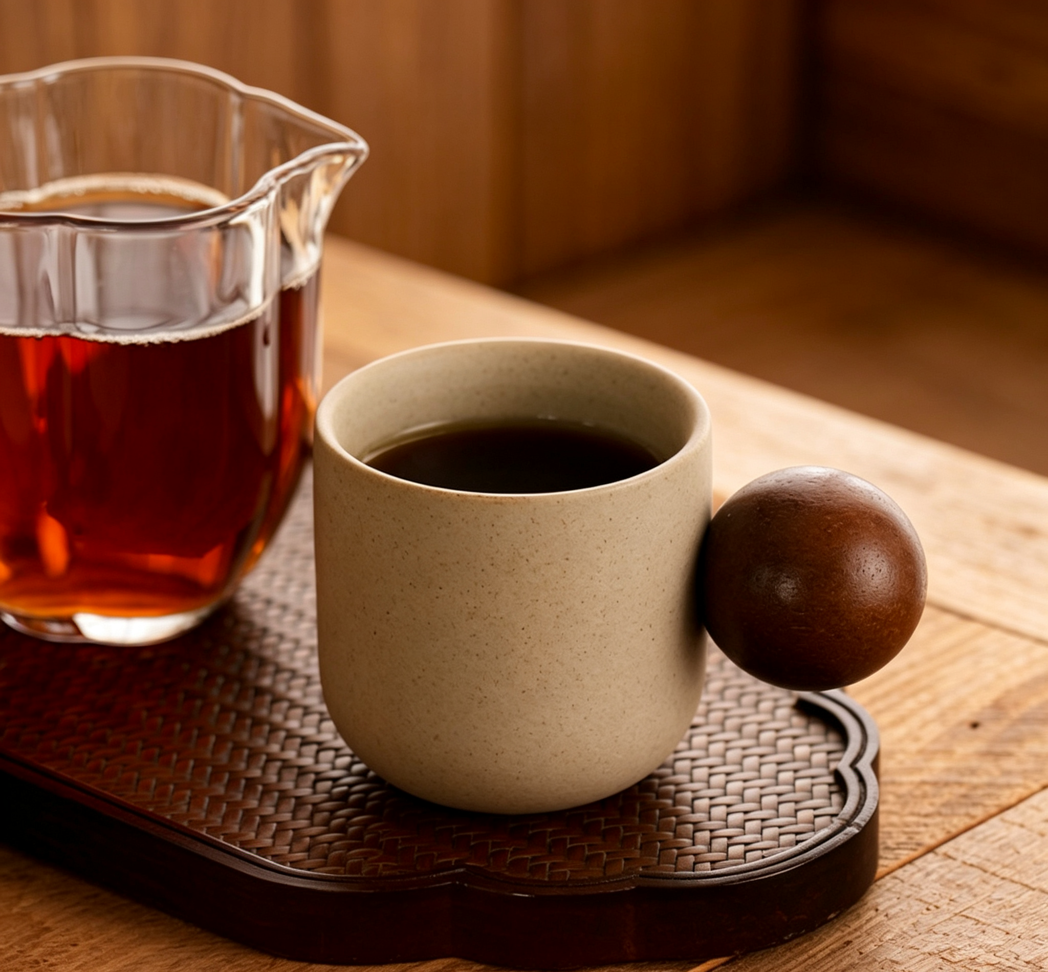Stoneware Tea Cup With Solid Wood Ball Handle