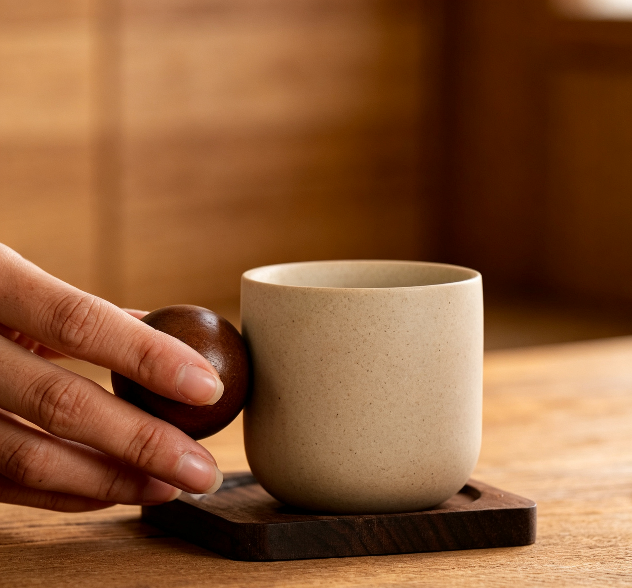 Stoneware Tea Cup With Solid Wood Ball Handle